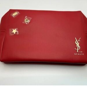 YSL Leather Beaute Red Cosmetic Pouch NEW  ( W 7" x H 5")